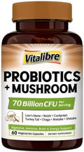 Vitalibre Probiotics+Mushroom, with Lion's Mane, Reishi, Cordyceps, 10 Probiotic Strains, 1000mg Mushroom Extract Blend, for Digestive, Immune, Brain Health & Energy Production, 60 Vegan Capsules
