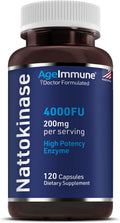 AgeImmune Nattokinase Supplement 4000 FU 200mg - Enzyme - Cardiovascular Support 120 Capsules -Derived from Japanese Natto - Made in The USA Without Magnesium Stearate.