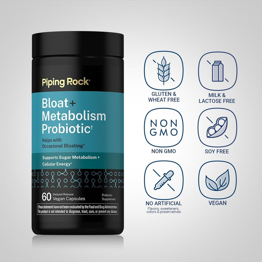 Piping Rock Bloat and Metabolism Probiotic | 60 Capsules | 14 Strain Probiotic Blend | Supports Regularity and Cellular Energy for Men and Women | Non-GMO, Gluten Free
