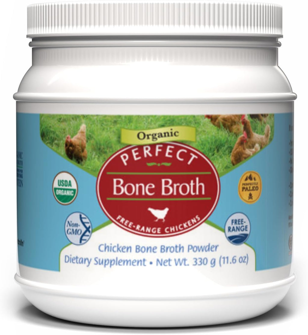 Perfect Organic Chicken Bone Broth Powder | Free Range Low Sodium Chicken Broth | Paleo & Keto Bone Broth Powder (330g) 30 Servings
