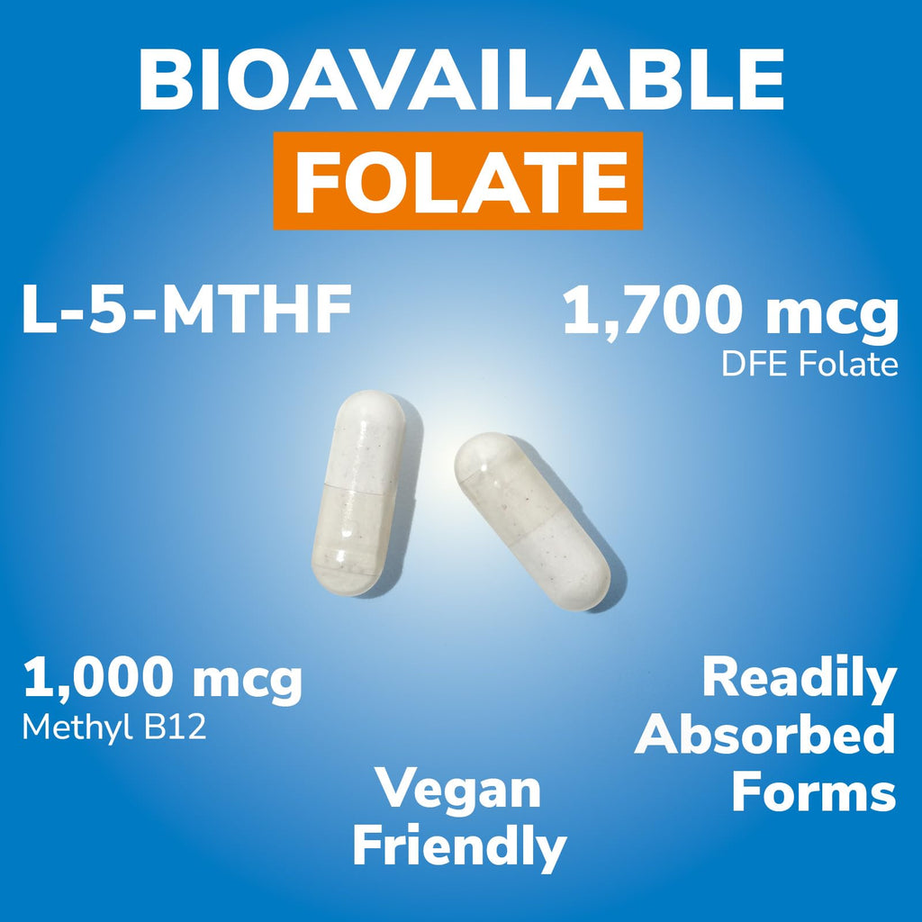 Vitalibre Methyl Folate 1000 mcg, L-5-MTHF with Methylcobalamin B12, Heart & Blood Health, Healthy Nervous System, Energy Support, Vegan, Bioactive Form, Best Absorption, 60 Capsules