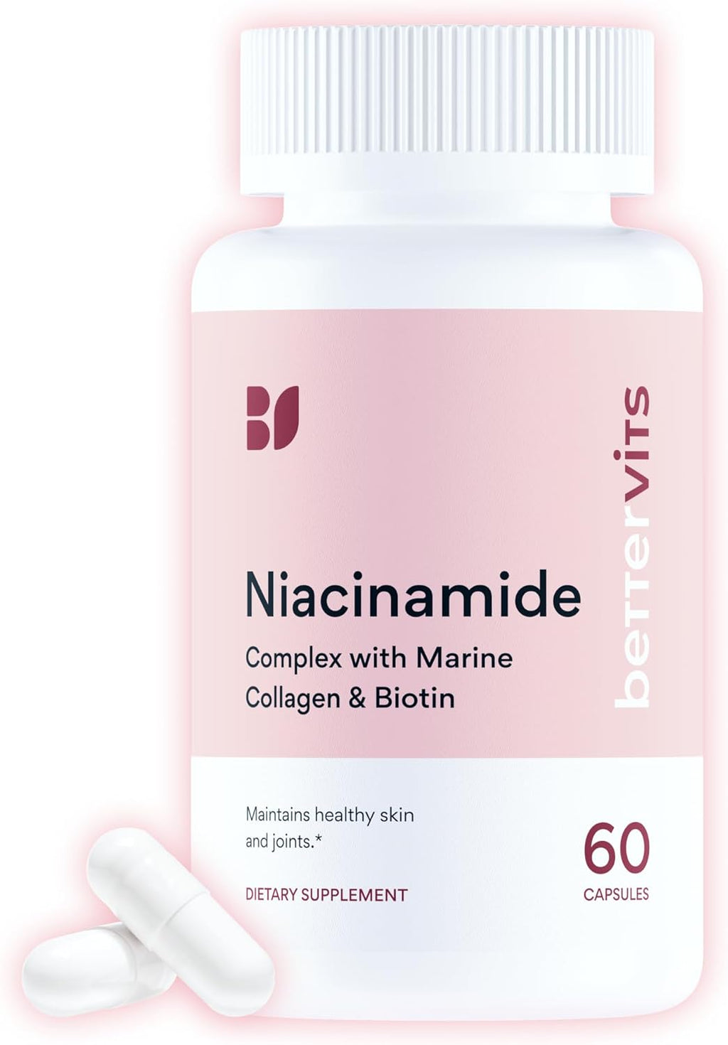 Bettervits Niacinamide Supplement with Vitamin B3, Marine Collagen & Hyaluronic Acid | High-Strength Vitamin B3 Capsules 300 mg. with Turmeric for Energy Metabolism & Skin Support - 60 Capsules