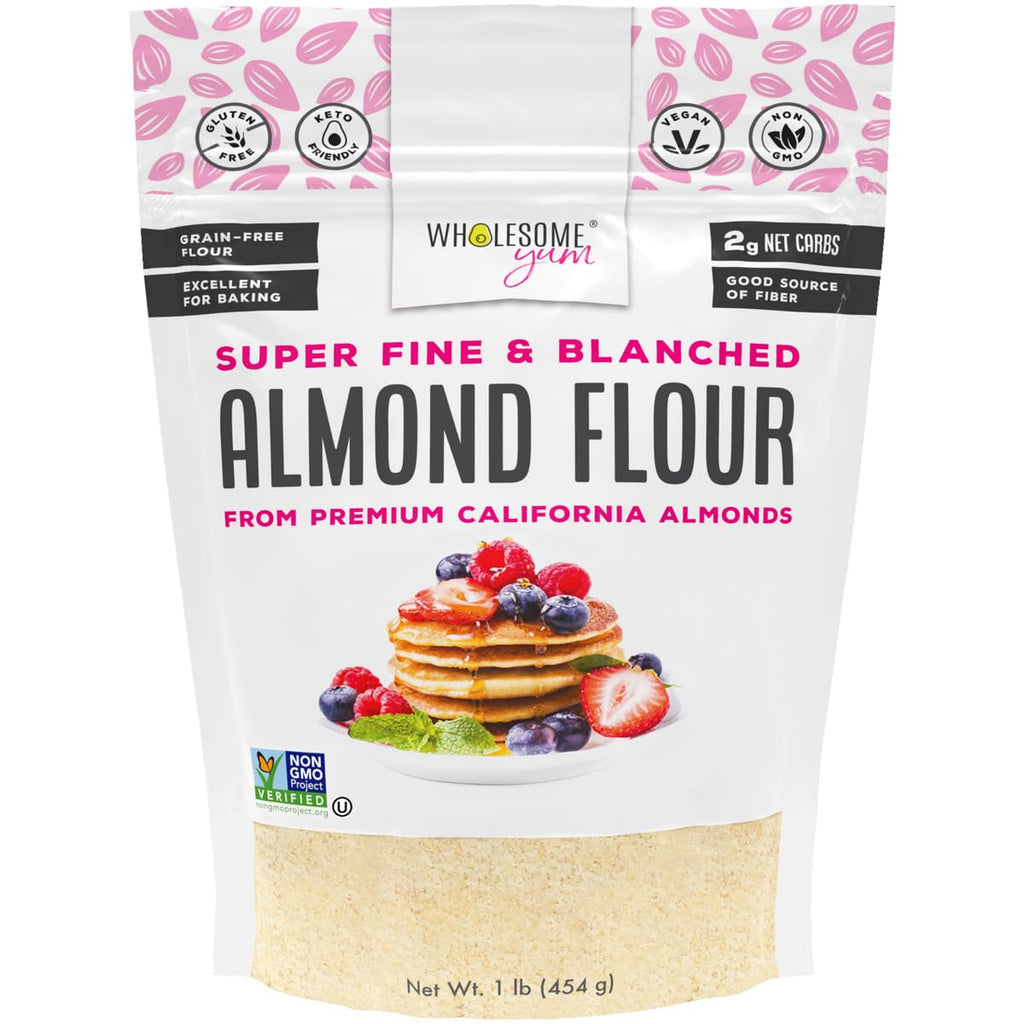 Wholesome Yum Premium Fine Blanched Almond Flour For Baking, Keto, Low Carb | Gluten Free, Keto Friendly All-Purpose Flour Substitute With Ground Almonds. Very Fine Grind, Made in USA (16oz / 1lb)