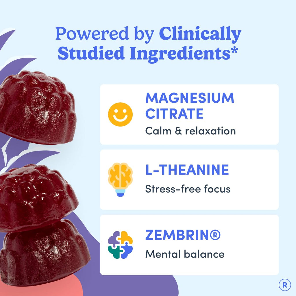 FIRST DAY Magnesium Gummies for Women, L-Theanine, Melatonin-Free, 60ct | Vegan strawberry Magnesium for Women, citrate, L-theanine and Zembrin; melatonin-free nighttime relaxation support.