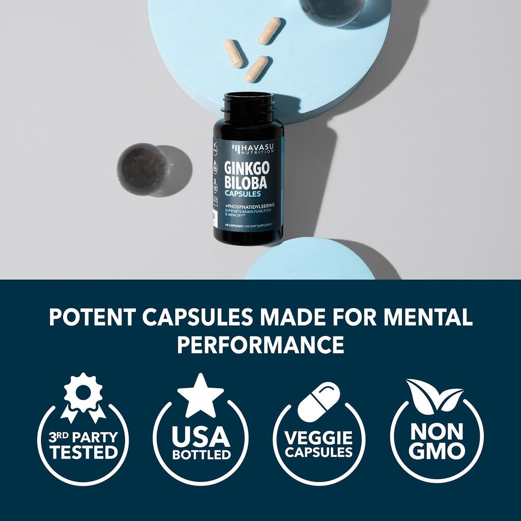 Ginkgo Biloba 120mg with Phosphatidylserine, Nootropic Supplement, 60 Count | Nootropic Brain Health, Memory and Focus Supplement, Supports Cognitive Function & Mental Clarity, 2-Month Supply