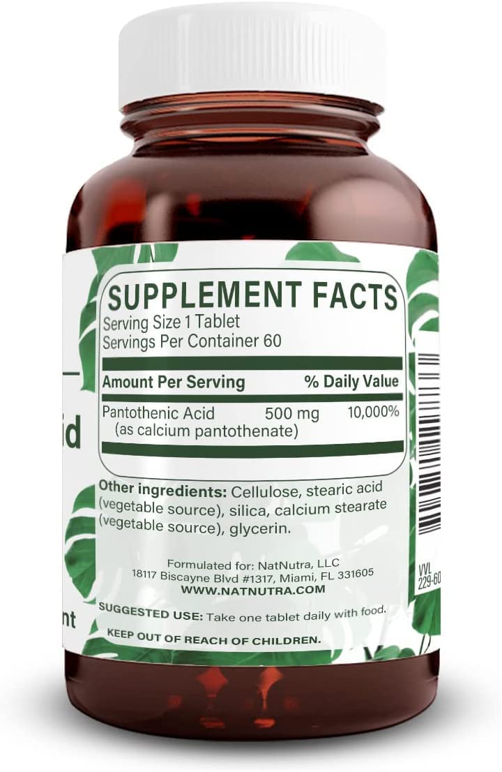 Natural Nutra Time Release Pantothenic Acid 500 mg, Vitamin B5 Supplement Helps Break Down Fat and Carbohydrates, Metabolism and Energy, Improve Muscle Health, Reduce Skin Spots, 60 Vegetarian Tablets