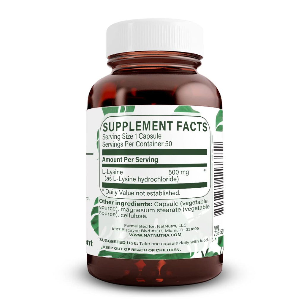 Natural Nutra L Lysine HCl Supplement, Vegan, 500 mg, 250 Capsules | Promotes Bone Health & Growth, Supports Skin Health, Improves Vitamin C Absorption, Improves Calcium Absorption, Non-GMO
