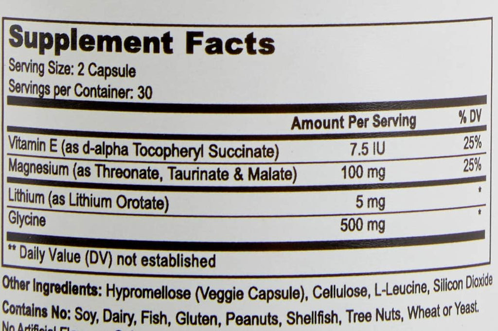 Lithium Orotate 5mg + Tri-Magnesium Threonate, Taurinate, Malate + Glycine + Vitamin E, 60 Vegetarian Capsules
