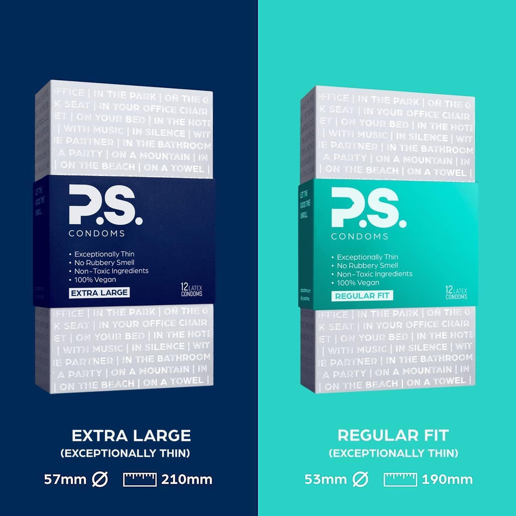 PS Condoms Exceptionally Thin Latex Condoms for Men - 12 Pack, Afterparty Love Oversized Adult Flushable Wipes, Organic Aloe & Plant Based Lube, Rise & Shine