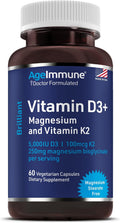 AgeImmune Brilliant D3+ Complex - 60 Capsules - 5000 IU Vitamin D3 + K2 + Magnesium Glycinate Supplement - Doctor Formulated for Immune & Bone Support - No Stearates, No Dioxides
