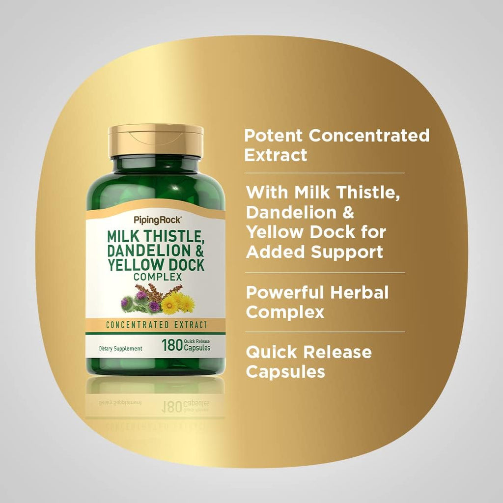 Piping Rock Milk Thistle, Dandelion & Yellow Dock | 180 Capsules | Concentrated Extract Complex | Non-GMO, Gluten Free Supplement