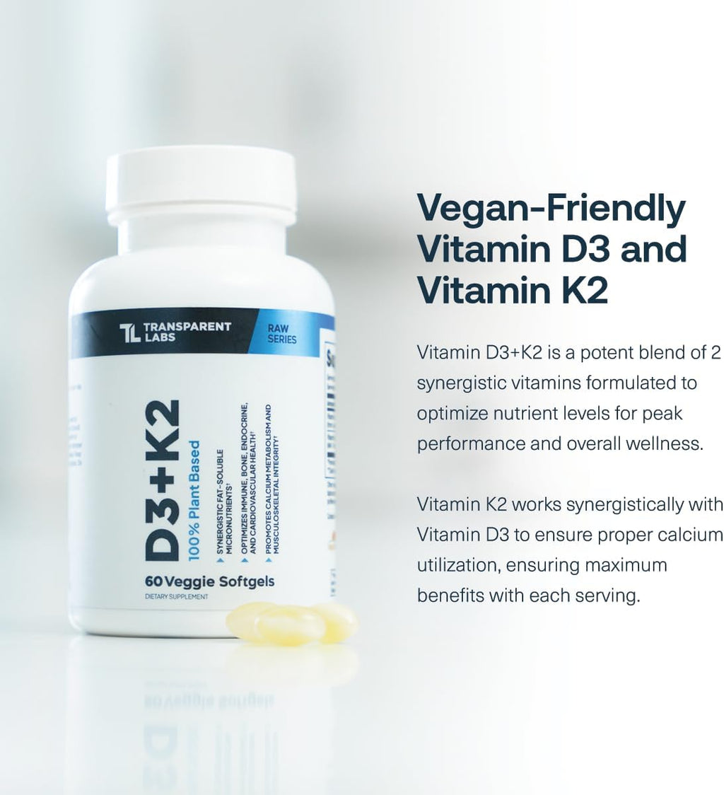 Transparent Labs Vitamin D3 K2 - Vitamin D & K2 Vitamin Supplement for Men & Women, Vegan-Friendly D3K2 5000 IU Supplements to Support Bone, Immune, and Overall Health - K2 D3 60 Capsules