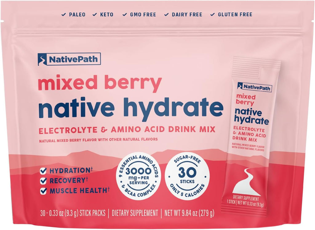 NativePath Hydrate Electrolyte Stick Packs, Mixed Berry, 30 Count | Single-Serve Sticks, 14 Vitamins & Minerals, 9 Aminos & 2000mg BCAAs, Zero Sugar, Hydration, Keto