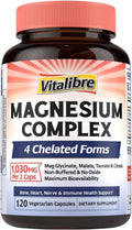 Vitalibre Magnesium Complex Supplement, 4 in 1 Maximized Absorption Chelated Magnesium Glycinate Malate, Taurate & Citrate, Non-Buffered, Bone, Heart, Nerve & Immune Support, 120 Vegan Capsules
