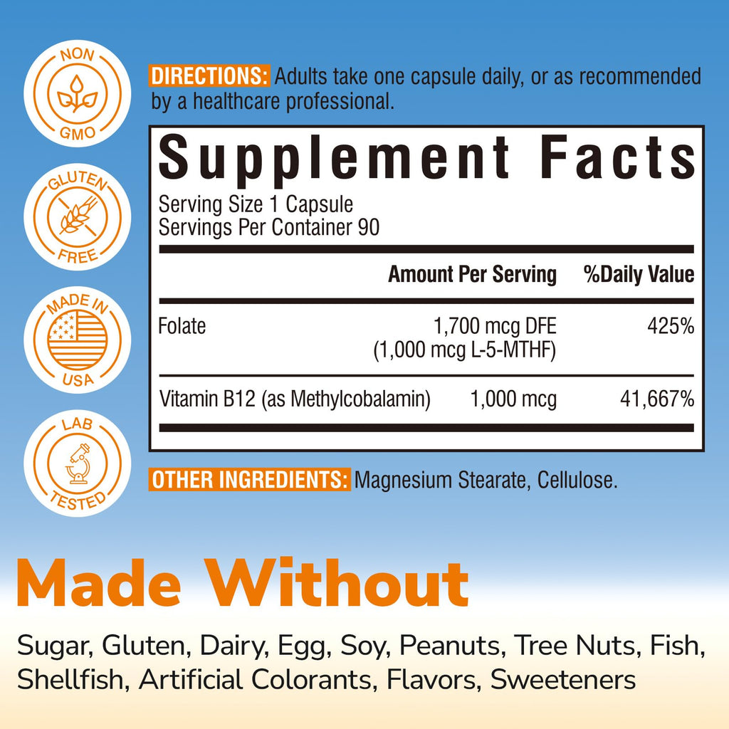 Vitalibre Methyl Folate 1000 mcg, L-5-MTHF with Methylcobalamin B12, Heart & Blood Health, Healthy Nervous System, Energy Support, Vegan, Bioactive Form, Best Absorption, 60 Capsules