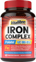 Iron Supplement for Women & Men, with Vitamins C, B6, B12 & Folate | for Iron Deficiency, Blood Building & Energy Support, Stomach Friendly, Better Absorption, Non-GMO, No Gluten, 60 Vegan Caps