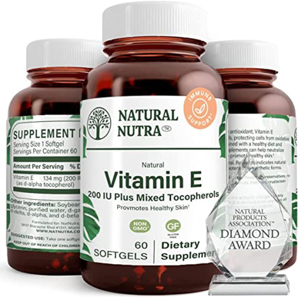 Natural Nutra Vitamin E 200 IU Supplement, 60 Softgels | Helps Heart Health & Protects Skin Texture, Enriches Health Nutrients, Enhances Hair & Nails Growth, Supports Body Fat Level