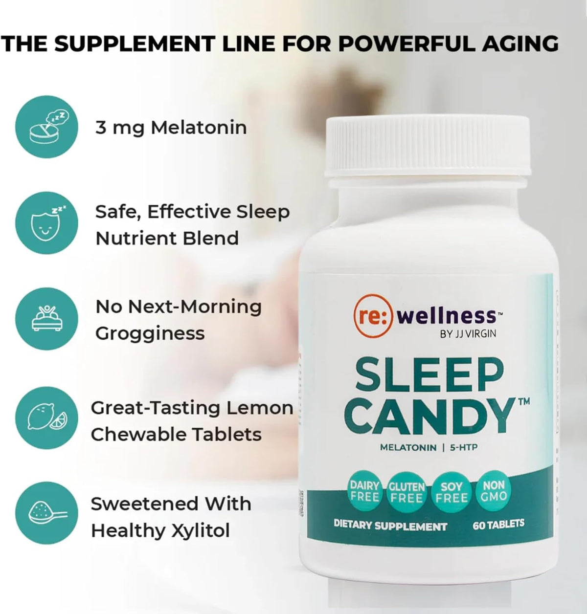 Reignite Wellness by JJ Virgin | Sleep Candy | Chewable 5-HTP Supplement with Inositol, Vitamin B6, Melatonin & L-Theanine for Adults | Lemon Flavor | 60 Tablets