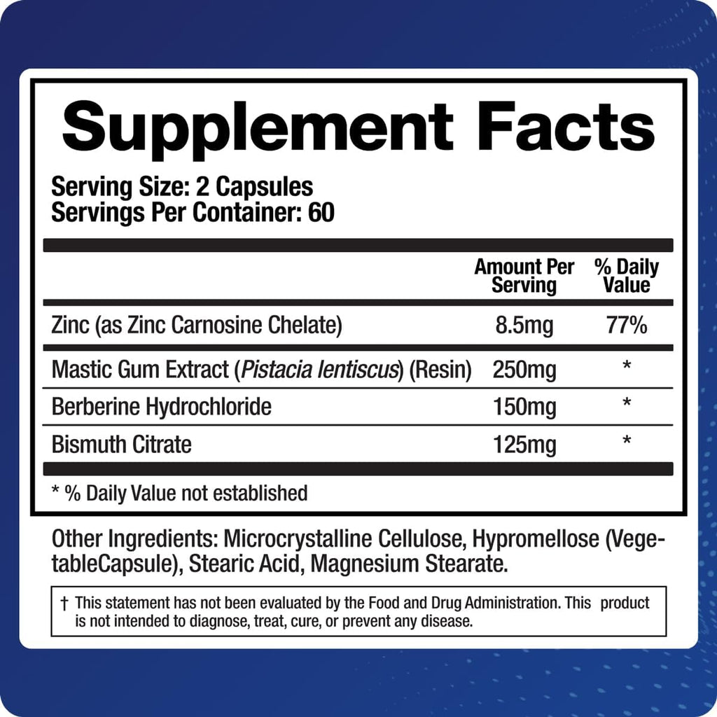 BioMatrix H Pylori Supplement, Mastic Gum, Berberine, Zinc Carnosine & Bismuth Salts, Probiotic Alternative, Gut Formula, 120 Capsules, 30-60 Day Supply