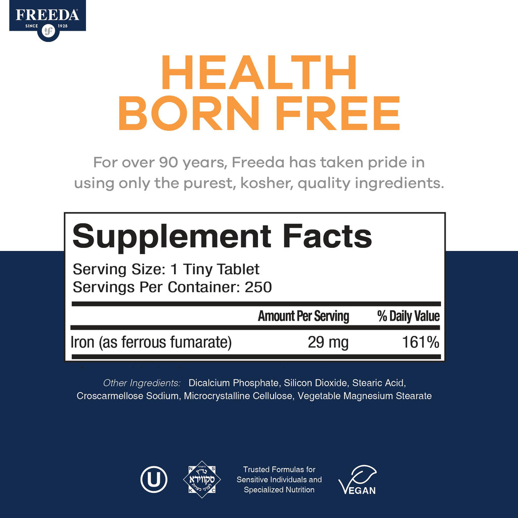 Freeda Iron Supplement - Ferrous Fumarate Iron Tablets | Gentle Ferrous Fumarate Iron Tablets - Support Energy & Red Blood Cells - Easy-To-Swallow - Kosher & Made In USA