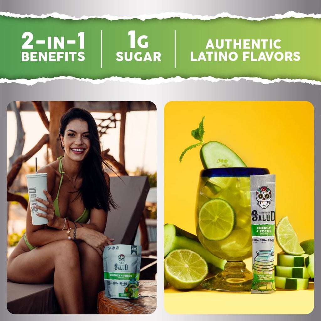 Salud 2-Pack | 2-in-1 Hydration + Immunity (Lemonade) & Energy + Focus (Cucumber Lime) – 15 Servings Each, Agua Fresca Drink Mix, Non-GMO, Gluten Free, Vegan, Low Calorie, 1g of Sugar