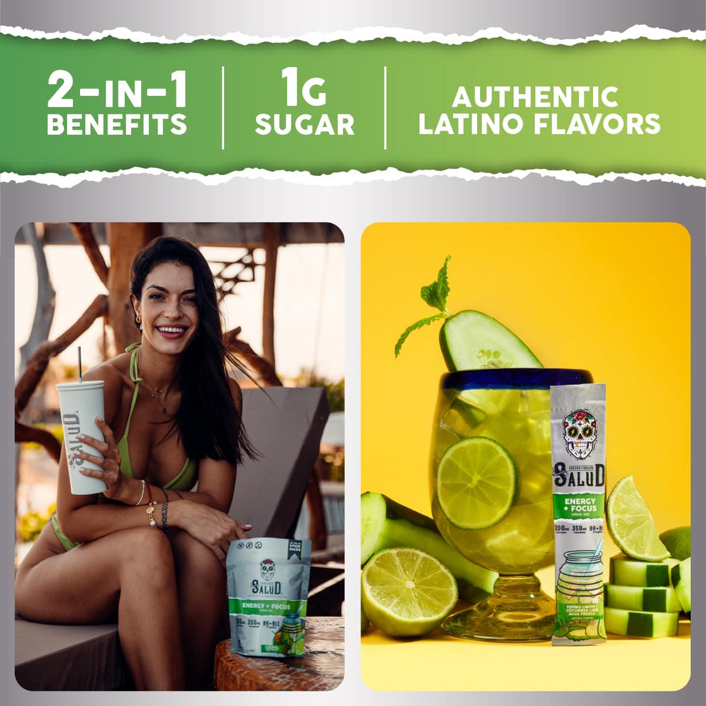 Salud 2-Pack |2-in-1 Energy + Focus (Hibiscus) & Energy + Focus (Cucumber Lime) – 15 Servings Each, Agua Fresca Drink Mix, Non-GMO, Gluten Free, Vegan, Low Calorie, 1g of Sugar
