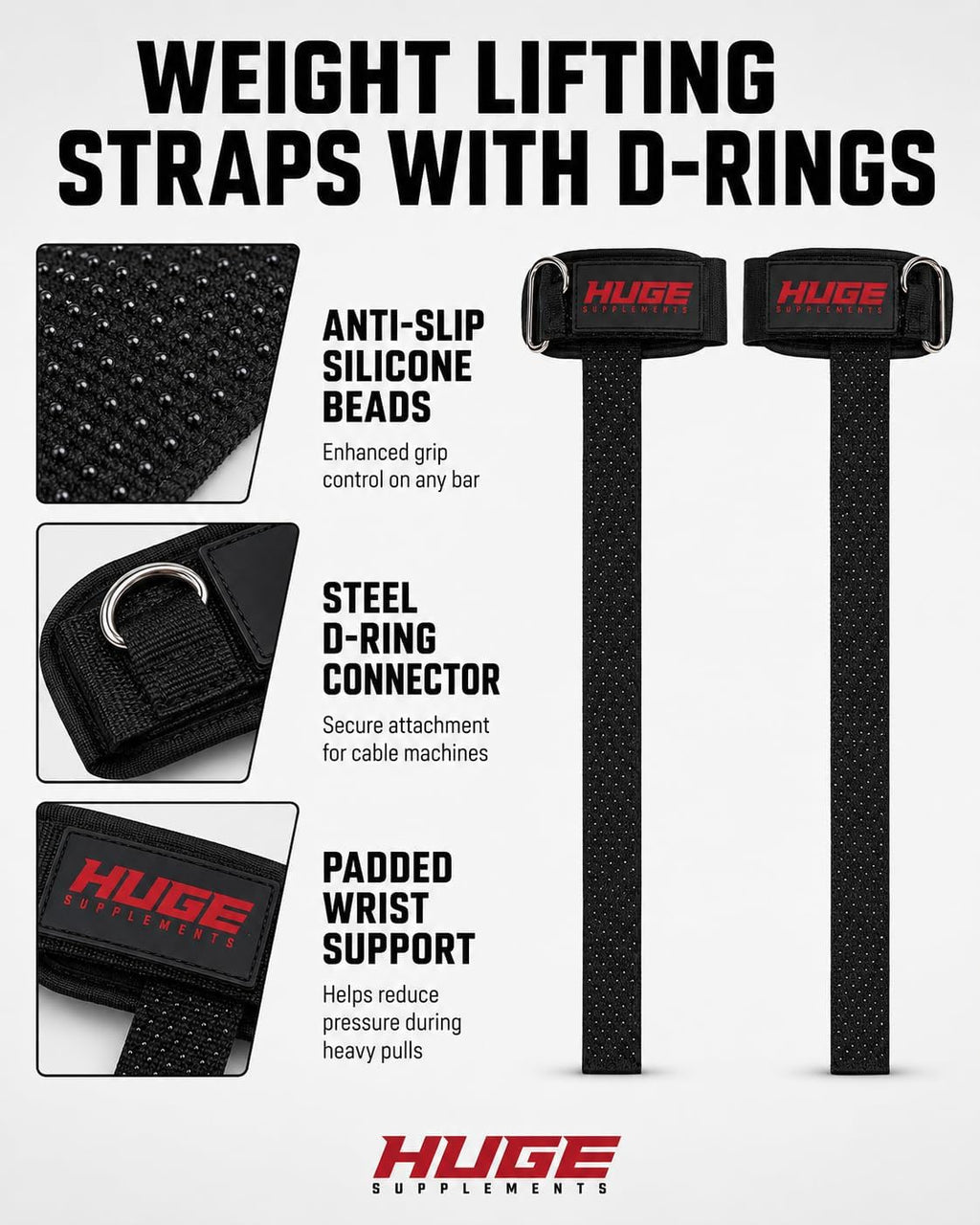 Huge Weight Lifting Straps With D Rings, Heavy Duty Cotton, Reinforced Stitching, Silicone Grip, Padded Wrist Support, Built For Heavy Training, Superior Grip Control, For Weightlifting & Bodybuilding