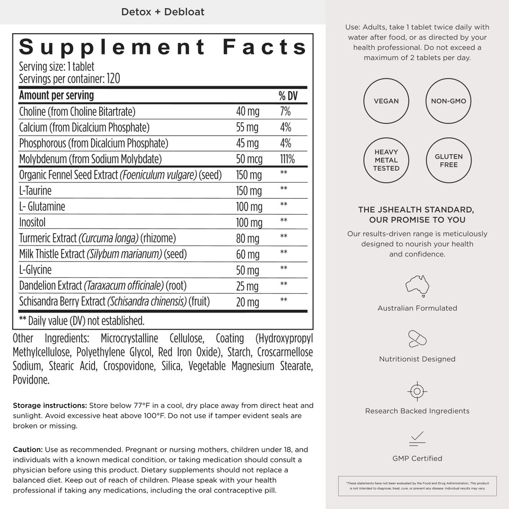 JSHealth Detox + Debloat. Bloating Relief for Women, 60 Tablets | Nutrionist-Formulated, Made with Milk Thistle, Turmeric, and Fennel. Liver Health and Gut Support.