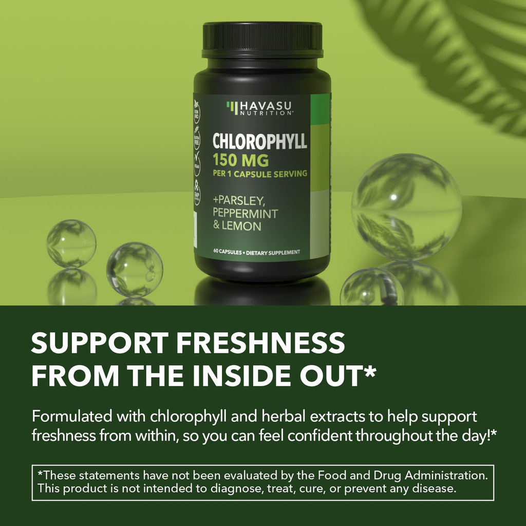 Chlorophyll Pills for Internal Cleanse & Balance, 30 Count, Internal Detox | Skin Health and Body Deodorizing Supplement with Parsley Peppermint & Lemon Extract, Vegan Non-GMO Chlorophyll Capsules