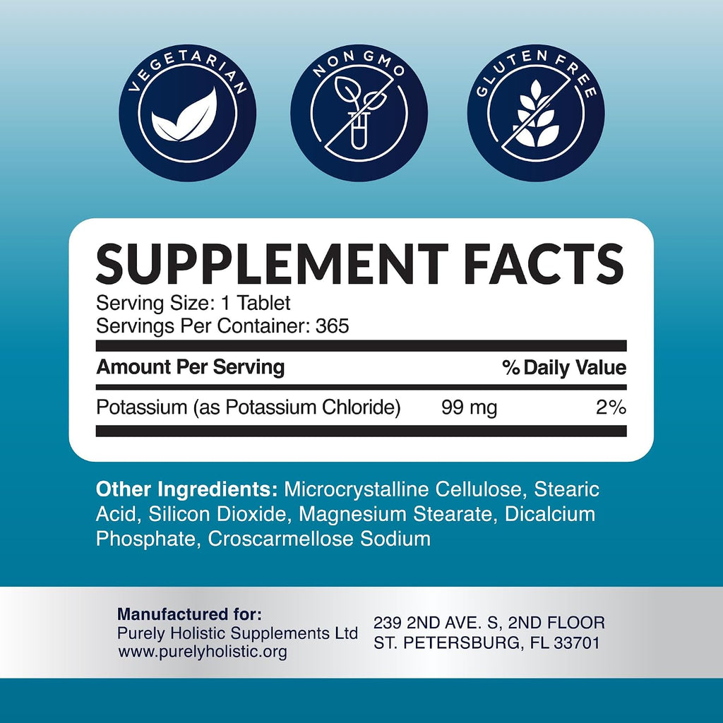 Potassium Chloride Supplement, 1 Year Supply, Heart Health & Fluid Support | With Potassium 99mg Per Serving for Circulatory Health Electrolyte & Fluid Balance Support, Gentle on Digestion, 365 Tablets