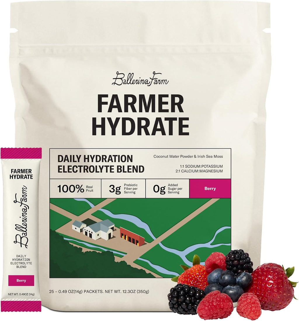 Ballerina Farm Farmer Hydrate Berry Electrolyte Powder Packets | Travel Ready, Organic Coconut Water, Irish Sea Moss, French Sea Salt, 210mg Sodium, 25 Count
