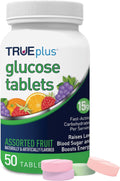 TRUEplus Glucose Tablets, Grape, Raspberry, Orange Flavors, 50 Count | Chewable Tablets, 15g Fast-Acting Carbohydrates, Fat Free, Gluten Free, Boosts Energy, Great Tasting and Easy to Use