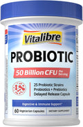 Vitalibre Probiotic for Women and Men, 50 Billion CFU, 25 Diverse Strains Plus Prebiotics, for Digestive Health & Immune Support, Delayed Release, No Refrigeration Needed, 60 Veggie Capsules