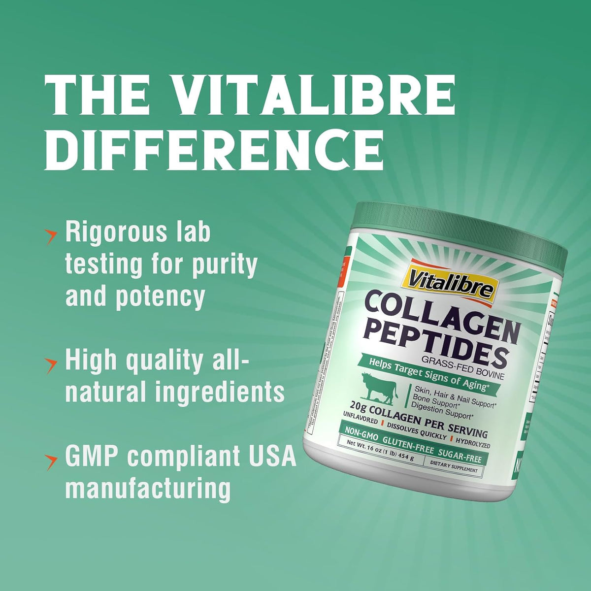 Vitalibre Bovine Collagen Peptides Powder for Women and Men, Grass-Fed Hydrolyzed Collagen Protein Type I & III, Skin, Hair, Nails, Bones, Digestion, Unflavored, Non-GMO, Keto & GF, 22 Servings, 16oz