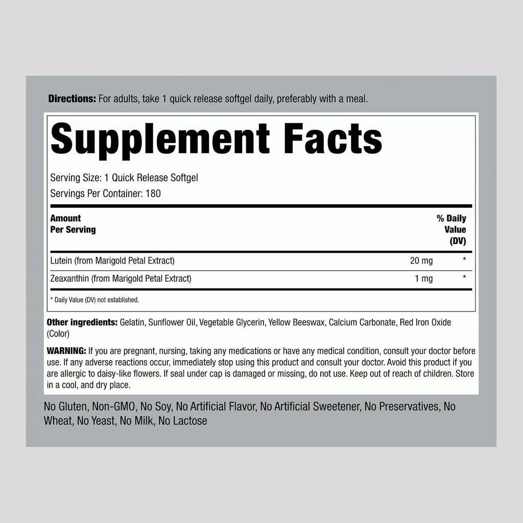 Piping Rock Lutein and Zeaxanthin Supplement | 20mg | 180 Softgels | from Marigold Extract | Non-GMO, Gluten Free