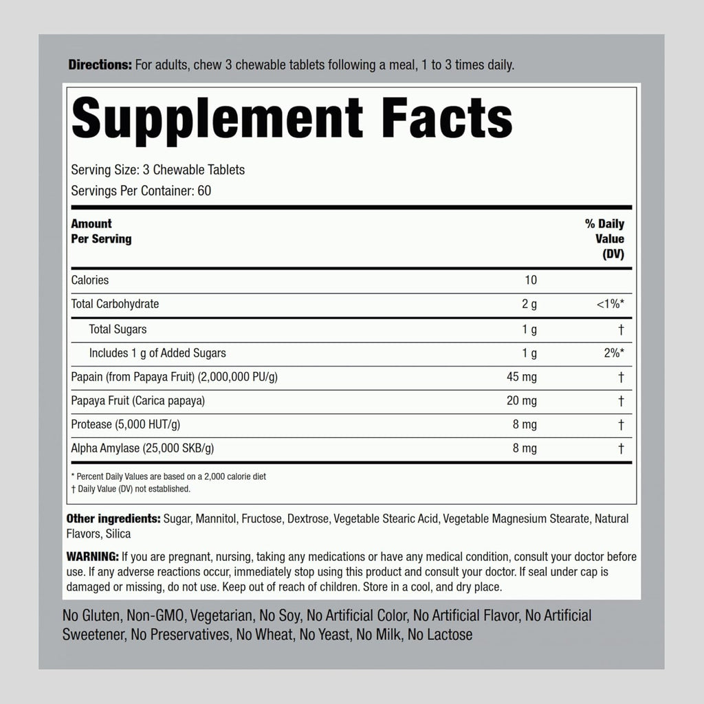 Piping Rock Papaya Digestive Enzymes Chewable | 180 Tablets | Ultra Supplement for Women and Men | Carica Papaya | Vegetarian, Non-GMO, Gluten Free