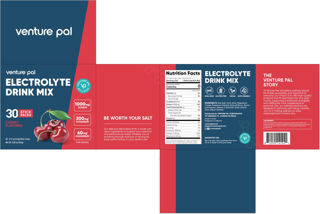 Venture Pal High Sodium Sugar Free Electrolytes Powder Packets, 16 Count | Hydration Packets with Sodium, Magnesium & Potassium, Vitamins, Zero Calories, Vegan, Keto & Paleo Friendly