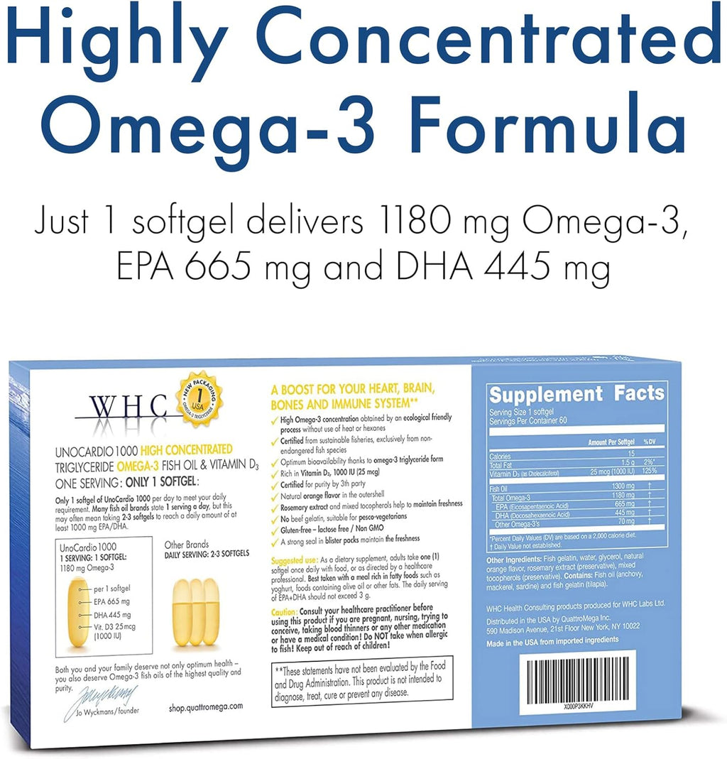 WHC, UnoCardio 1000 Fish Oil, 1300 mg of Pure Triglyceride Fish Oil with Omega-3 (1180 mg), 665 mg EPA and 445 mg DHA and 25 mcg (1000 IU) Vitamin D3 per softgel, Natural Orange, 60 softgels