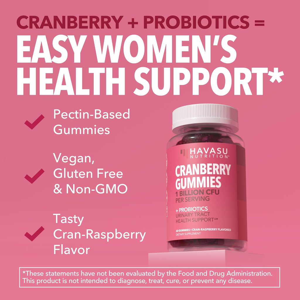 Cranberry Probiotic Gummies, Cran-Raspberry, 60ct, Bladder Support | Probiotic Cranberry Gummies for Women, Urinary Tract Health & pH Balance, 1 Billion CFU of Lactobacillus, Vaginal Wellness