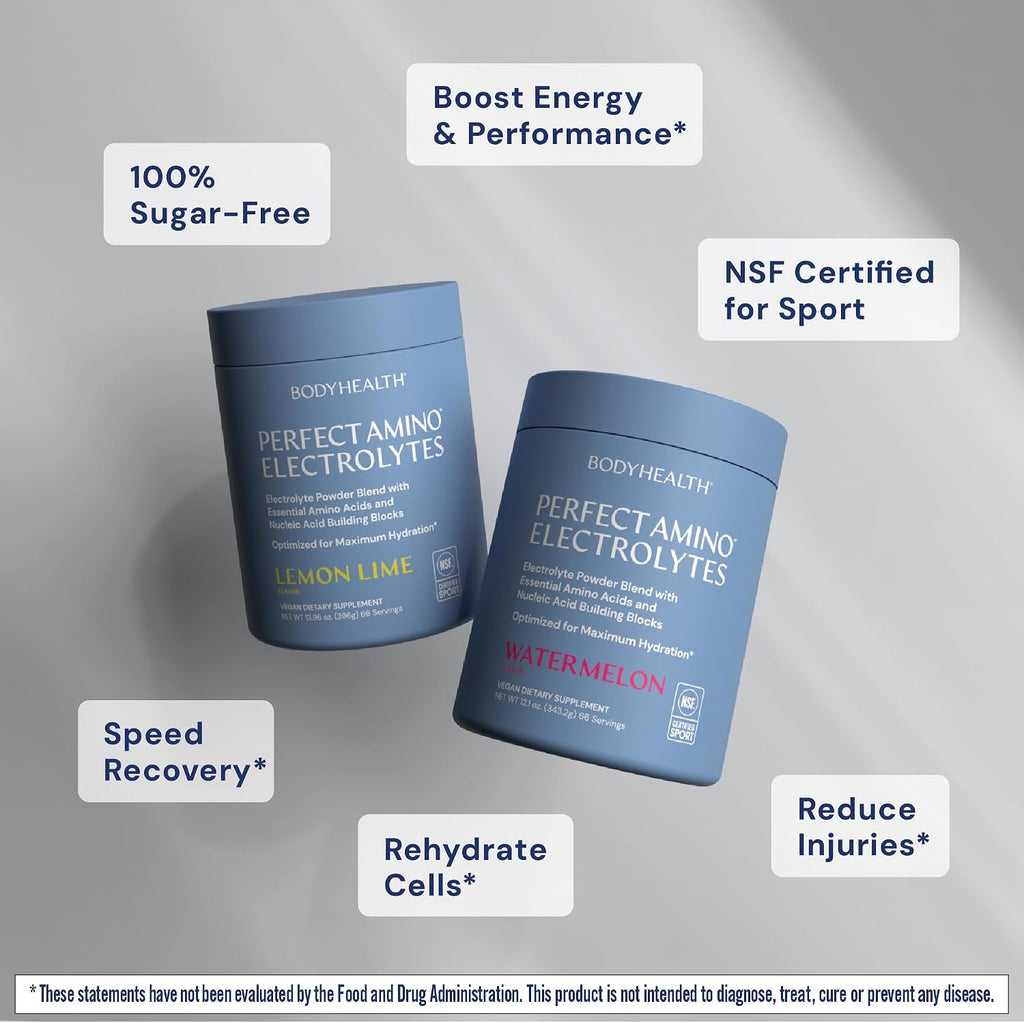 BodyHealth PerfectAmino Electrolytes Powder No Sugar, Hydration Fasting Keto Zero Sugar Electrolytes Drink Mix with Trace Minerals - NSF Certified for Sport - Watermelon - 66 Servings