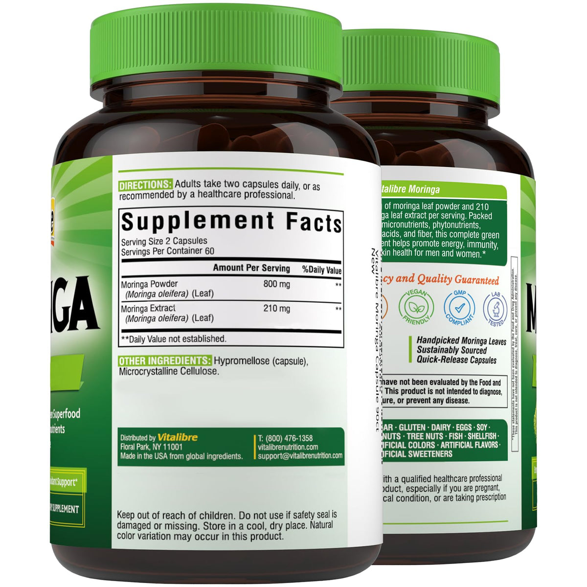 Moringa 1,010 mg, Maximum Potency, Complete Green Superfood, Rich in Antioxidants, No Gluten & Caffeine, Non-GMO, Energy, Immune, Gut & Skin Health, 90 Vegan Capsules