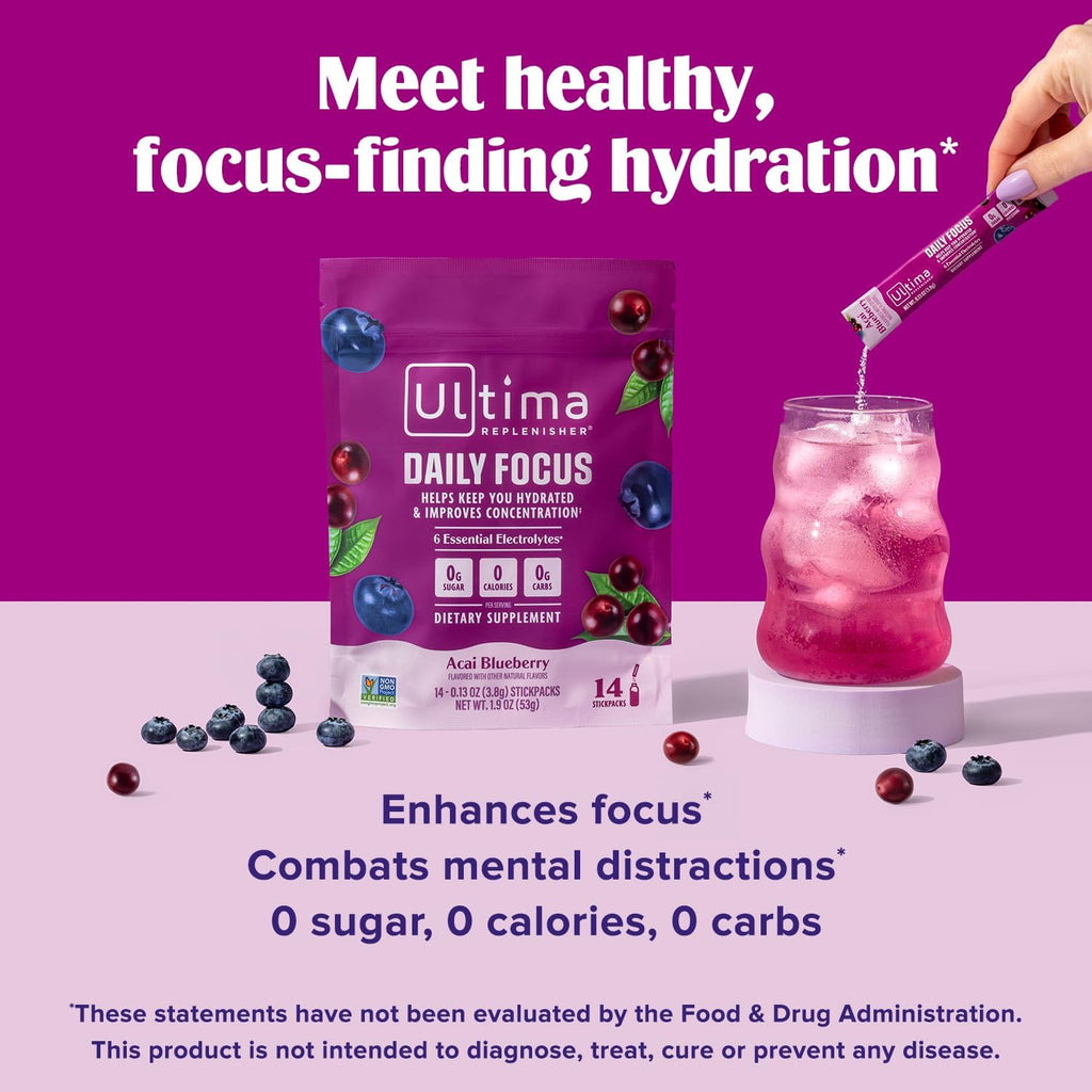 Ultima Replenisher Daily Focus Supplement, Acai Blueberry, 14 Stickpacks | Daily Zero Sugar Electrolyte Powder Hydration Packets with 6 Key Electrolytes & L-Theanine to Improve Focus - Keto Friendly