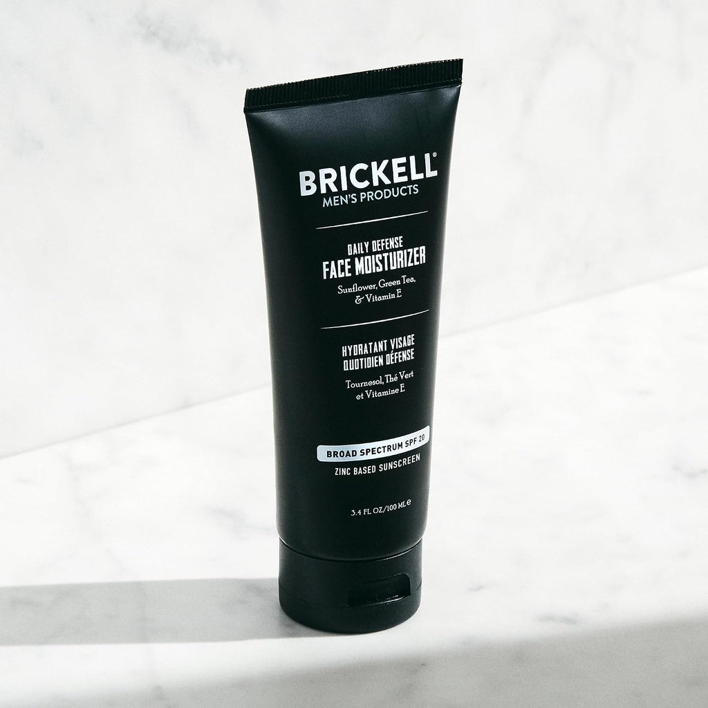 Brickell Men's Daily Defense SPF20 Face Moisturizer for Men, Moisturizing Mineral Sunscreen, Hydrates & Protects Skin Against Harmful UVA/B Rays, With Zinc, Green Tea, & Vitamin E, 3.4oz, Unscented
