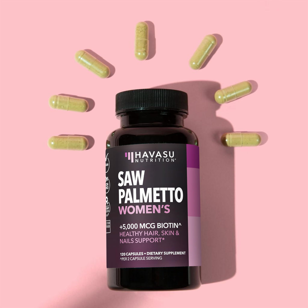 Saw Palmetto for Women with Bitoin 5000mcg Per Serving, 30-Day Supply | Vegan, Non-GMO DHT Blocker for Women for Hair, Skin and Nails, Saw Palmetto Extract with Biotin for Thicker Looking Hair