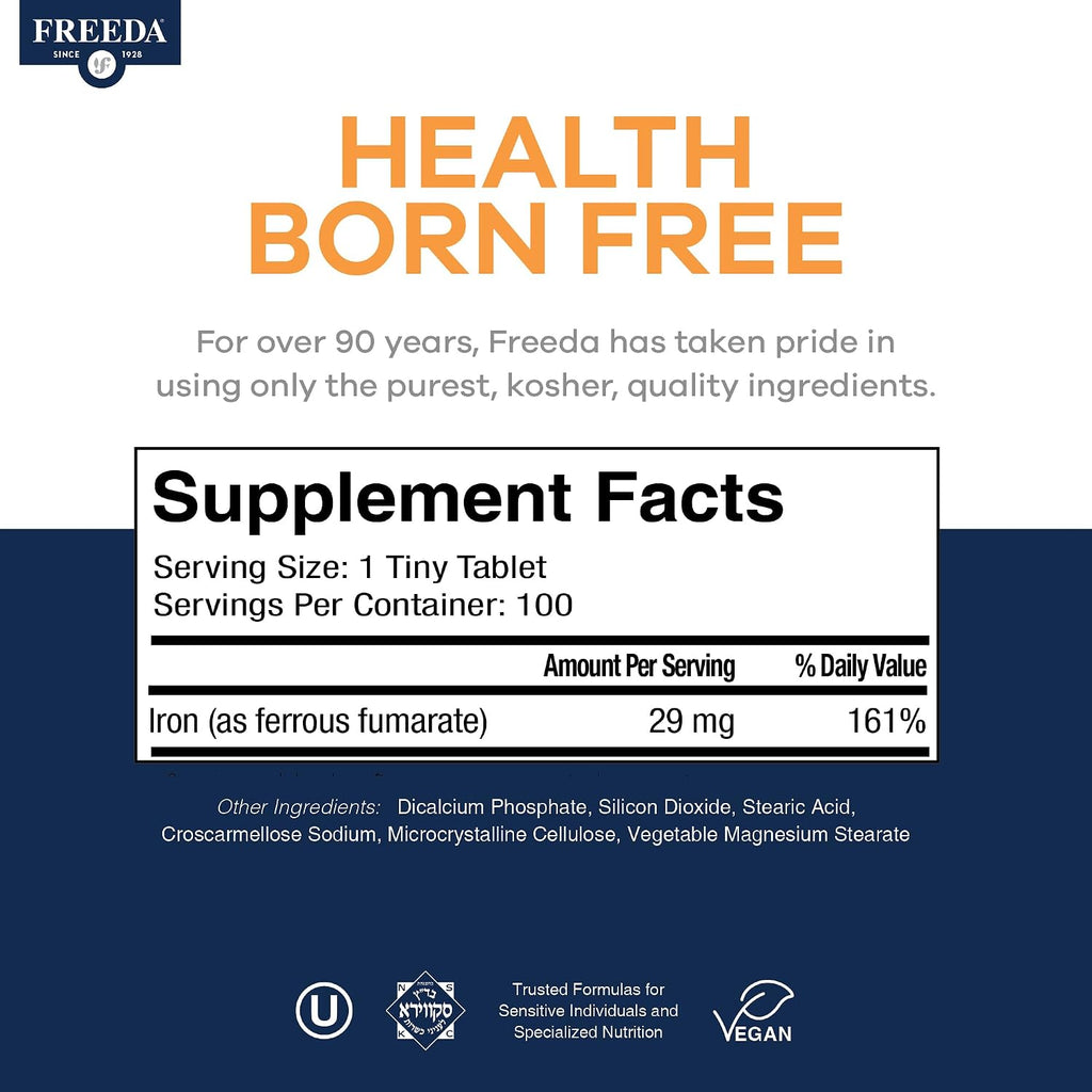 Freeda Iron Supplement - Ferrous Fumarate Iron Tablets | Gentle Ferrous Fumarate Iron Tablets - Support Energy & Red Blood Cells - Easy-To-Swallow - Kosher & Made In USA
