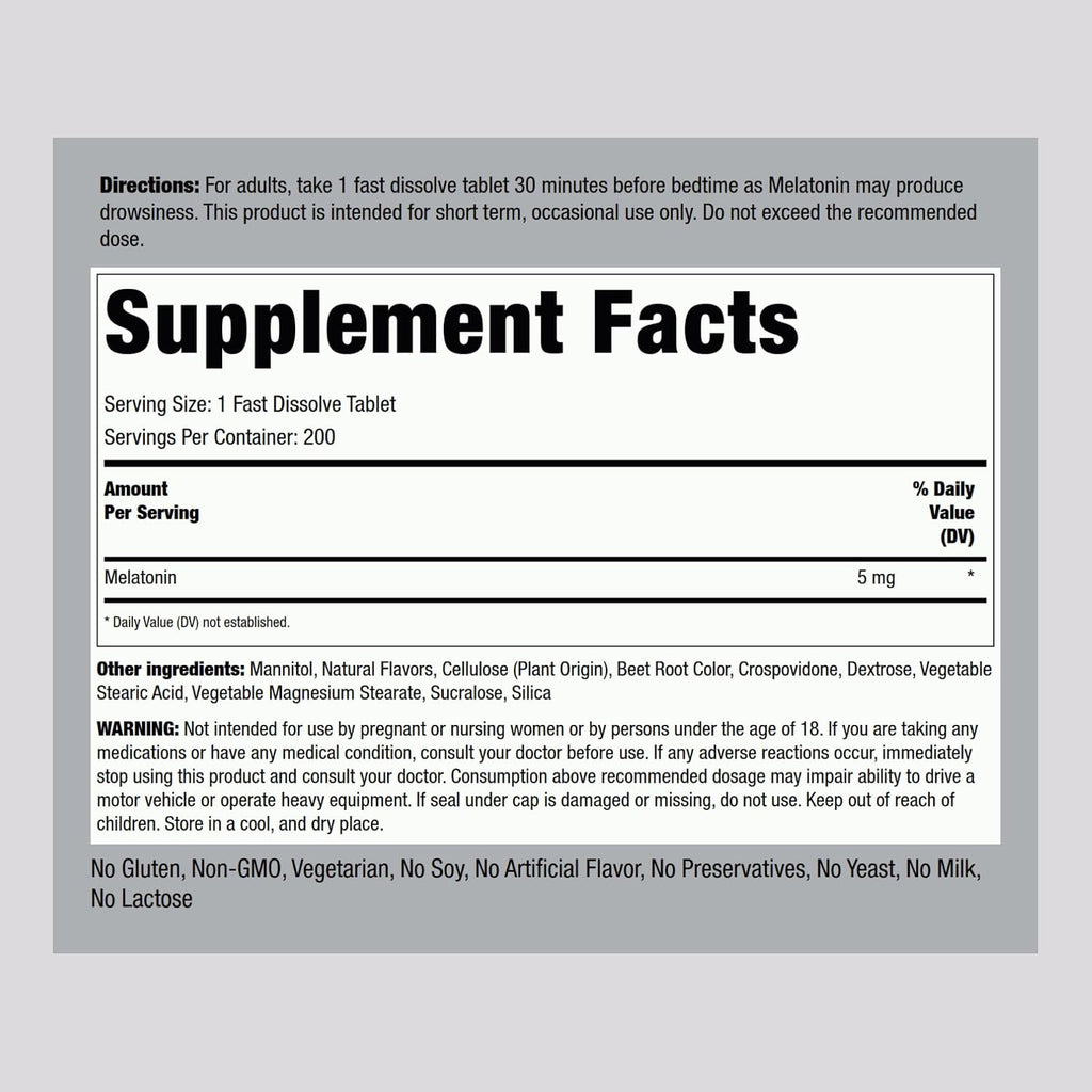Piping Rock Melatonin 5mg | 200 Fast Dissolve Tablets | Berry Flavor | Adult Supplement | Vegetarian, Non-GMO, Gluten Free Formula