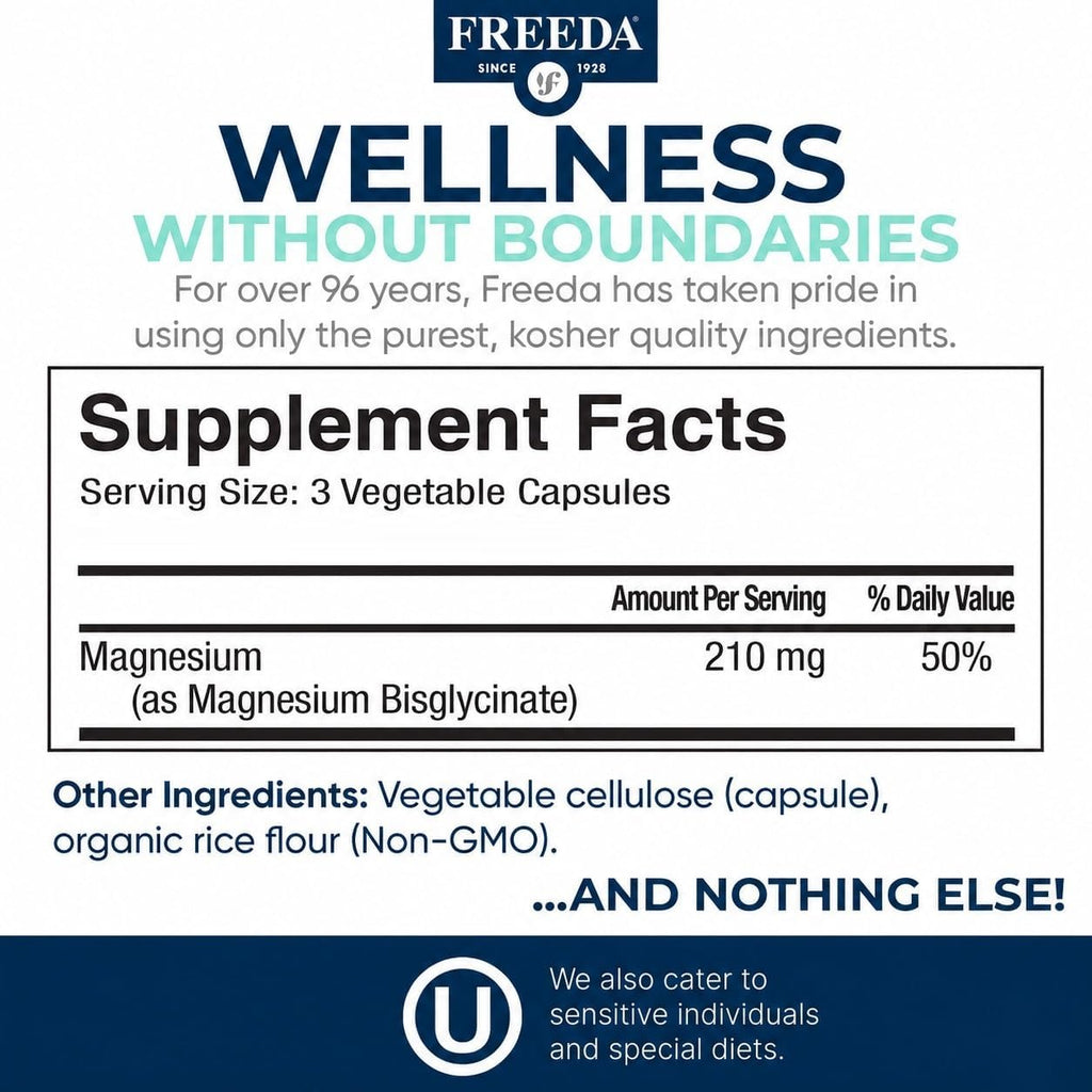 Freeda Magnesium Glycinate - High Absorption Chelated Magnesium - 90 Caps | Supports Sleep, Muscle & Nerve Function - Non-GMO, Vegan, Kosher - Gentle On Digestion - No Magnesium Oxide