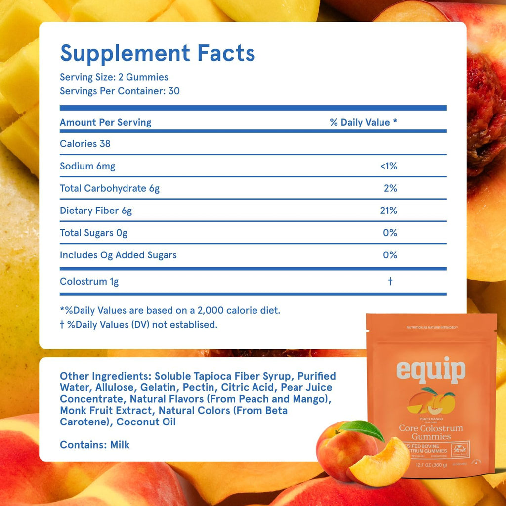 Equip Foods Core Colostrum Gummies - Delicious and Convenient - 1g Ultra-Premium Grass Fed Colostrum Per Serving - Gut Health, Immunity, Hair and Skin, Peach Mango & Raspberry