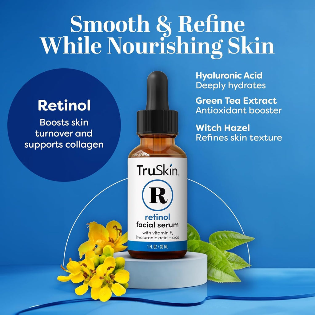 TruSkin Retinol Serum for Face with Hyaluronic Acid & Cica, 1 fl oz | Gentle overnight retinoid serum with Vitamin E helps visibly smooth fine lines, refines skin texture for renewed-looking skin