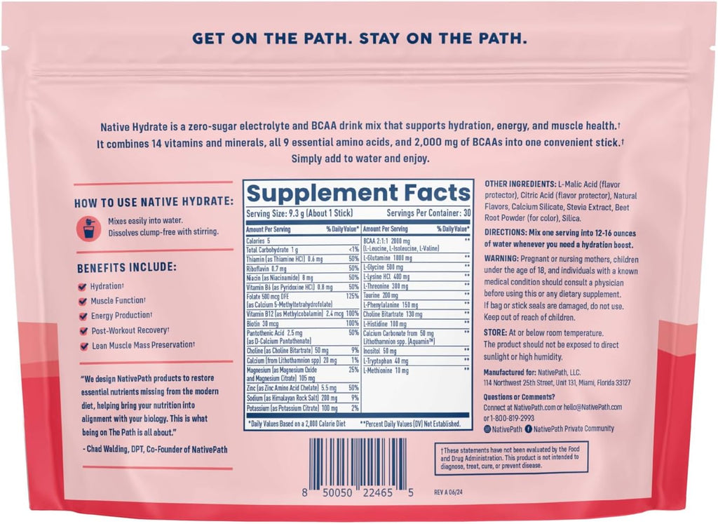 NativePath Hydrate Electrolyte Stick Packs, Mixed Berry, 30 Count | Single-Serve Sticks, 14 Vitamins & Minerals, 9 Aminos & 2000mg BCAAs, Zero Sugar, Hydration, Keto